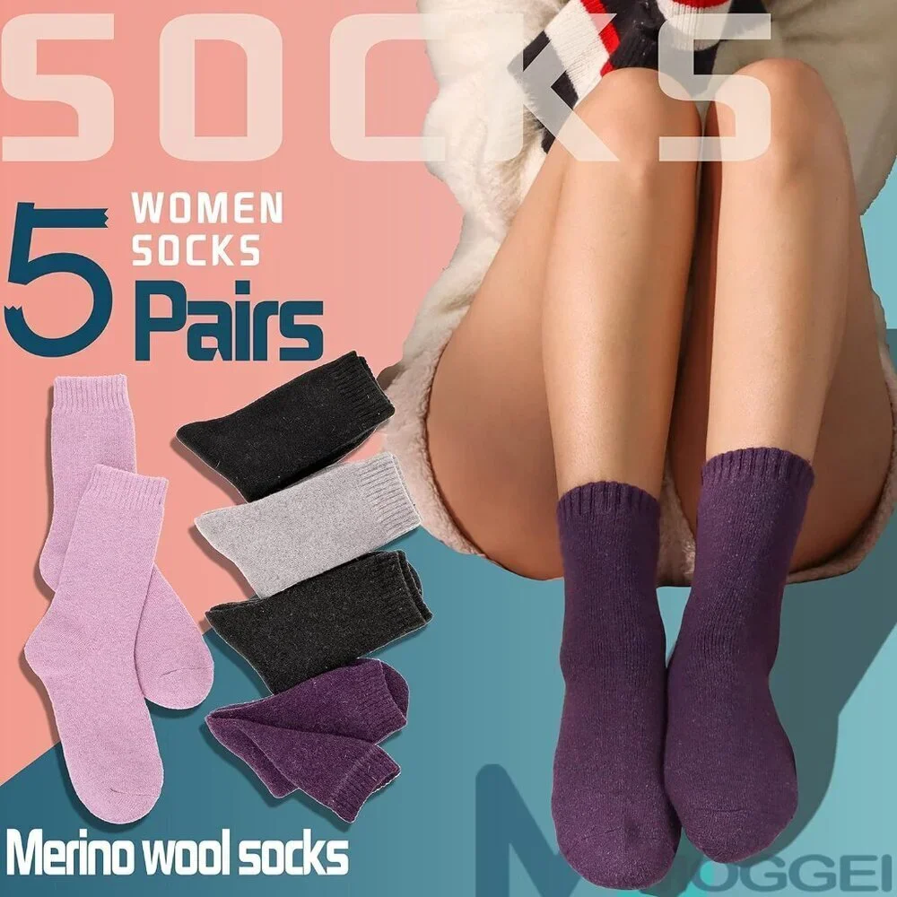 Women's Solid Color 5 Pairs Merino Wool Hiking Warm Winter Cozy Comfy Boot Socks